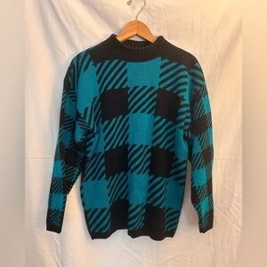 Private Eyes 80s VTG NEW Gingham Plaid Knit Sweater sz M Black/Green Winter Fall